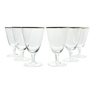 1960s Mid-century Vintage Minimalist 6 Gold Rim Crystal Iced Tea Glasses 6” 14oz